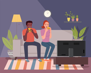 African american man and woman eating burgers and watches TV on the sofa. Vector flat illustration