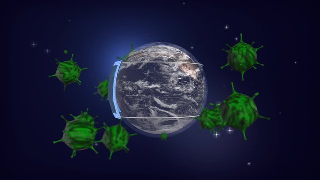 Planet Earth wearing mask protect and viruses coronavirus (COVID-19) floating around 3D Rendering. health care and outbreak prevention, new normal Concept..