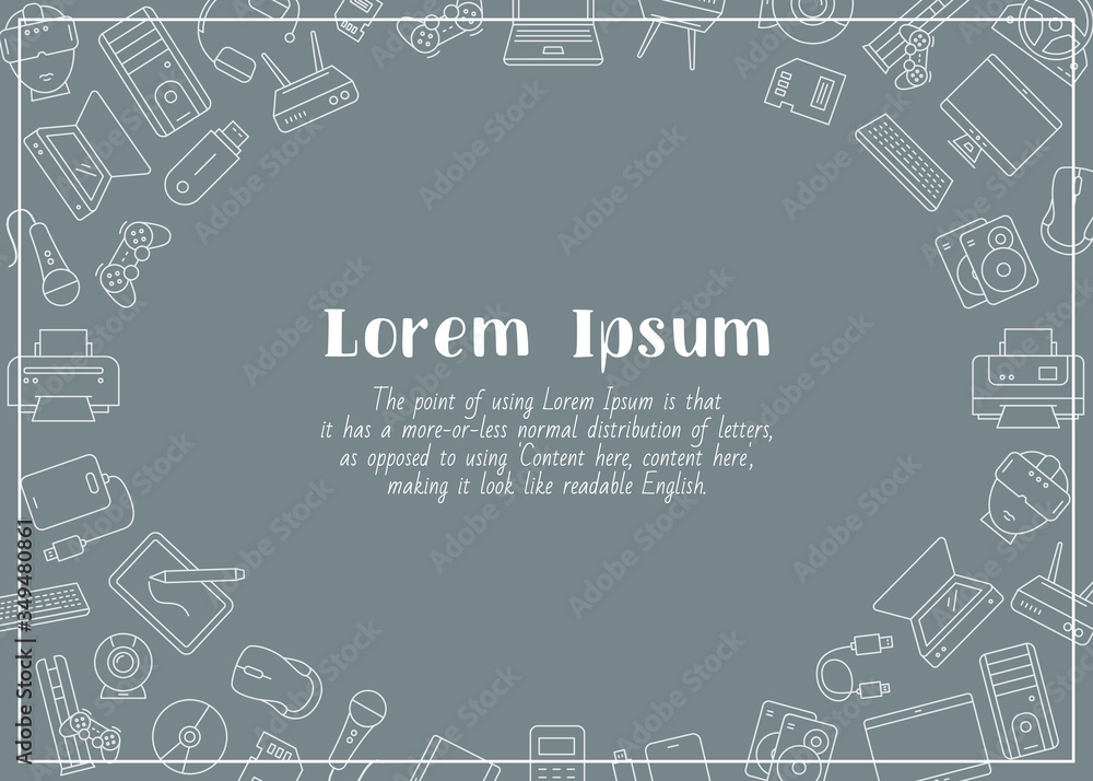 Fototapete Electronic devices - horizontal card with text and vector outline illustrations of technique and computer for graphic design