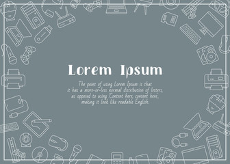 Electronic devices - horizontal card with text and vector outline illustrations of technique and computer for graphic design