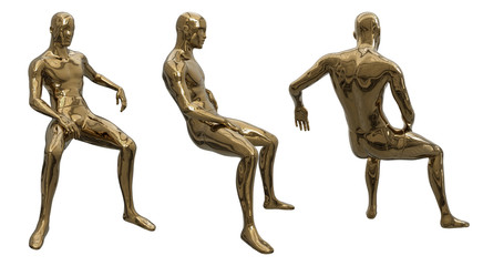 Set of male sitting mannequins of gold glossy color in different angles. Slender male figure. 3d illustration isolated on a white background. Shop design element.
