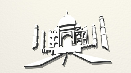 mosque made by 3D illustration of a shiny metallic sculpture on a wall with light background