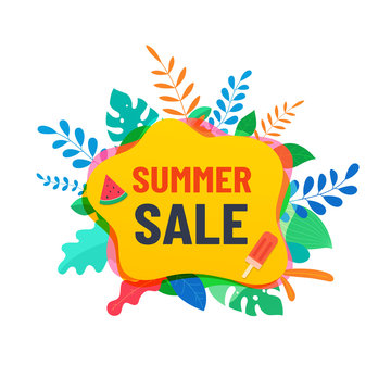 Summer abstract sale banner with tropical leaves, summer design for social media, poster, advertisement.