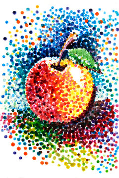 The drawing is made with watercolor paints. Apple painted on paper. Style of painting puantilism (divisionism).