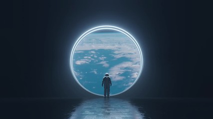 The astronaut is looking at the huge illuminator of an unknown spaceship interior at an empty galaxy. 3D ISS animation in 4k.