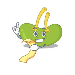 Spleen mascot character style with a menu on his hand