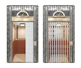 Antique vintage elevator with forged decorative elements with open and closed latticed door. Front view . 3d illustration isolated on white background. © StudioIlanP