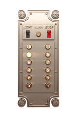 Metal retro panel with luminous vintage buttons for calling elevator floors. Buttons with numbers in the elevator. Front view . 3d illustration isolated on white background. © StudioIlanP