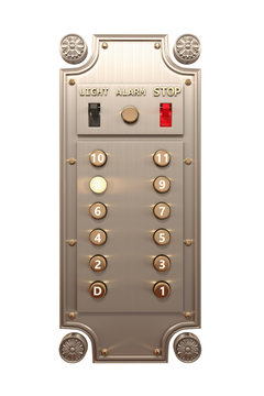 Metal retro panel with luminous vintage buttons for calling elevator floors. Buttons with numbers in the elevator. Front view . 3d illustration isolated on white background.