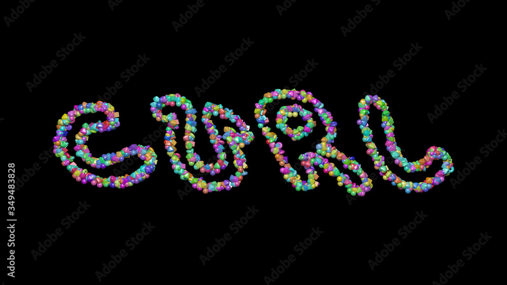 Poster colorful 3d writting of curl text with small objects over a dark background and matching shadow