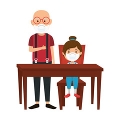 grandfather with granddaughter using face mask in wooden table vector illustration design