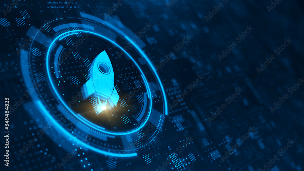 Sticker rocket icon on abstract blue background - 3d rendering of 3d rocket icon