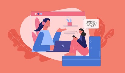 Upset woman at counseling with psychologist online vector flat illustration. Frustrated female talking at psychology consultation use modern device isolated. Remote psychological assistance service
