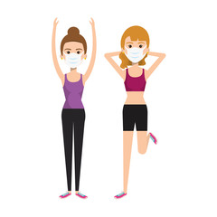 women using face mask practicing exercise vector illustration design