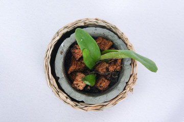 Polypodium polycarpon in the small pot 
rattan (top view) on the white background.