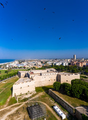 Aerial view, Castello Svevo and Cathedral Basilica of Saint Mary 'Maggiore', Trani region, Barletta,, Apulia, Italy,