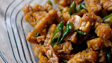 stir fried Tempe with green chili, also known as oseng tempe cabe hijau