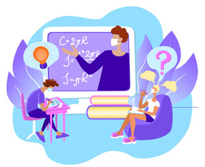  Home education online.  E-learning on quarantine. Students in face masks watch a lecture given by a teacher on a computer and study. Stock vector flat illustration isolated on white background.