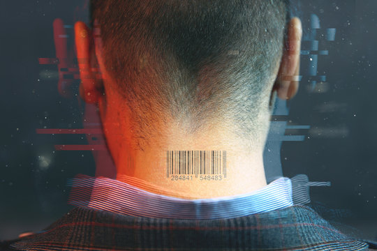 Back of man's neck with barcode. Photo in futuristic stylization with glitches