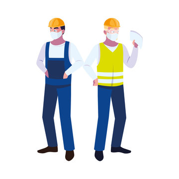 men operators with masks and reflective vests