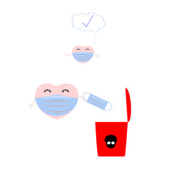 Cute Mini Heart Wearing Blue Ear Loop Mask Trow Used Face Mask In Infectious Waste Garbage Bin On White