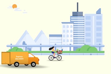 Naklejka premium Concept of shopping and express delivery, young woman riding a bicycle that the basket contain the goods from shopping mall in front of the van which going to ship the goods to customers in the city.