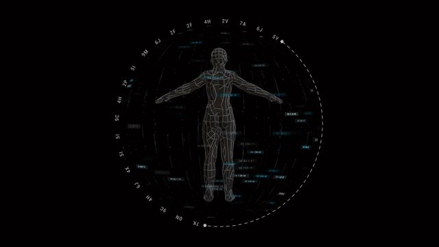 Sphere HUD technological animation.Female rotating in the sphere.Sci Fi infographic.Black and white for luma and alpha channel.