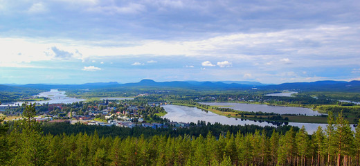 
River floodplain and the city of Överkalix in northern Sweden