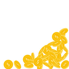 American dollar coins falling. Scattered big USD c