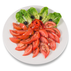 Tomato, red pepper, lettuce and black olives salad.