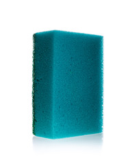 Green and blue sponge, kitchen cleaner with abrasive surface for dish washing and cleaning isolated on white background. Housekeeping and hygiene concept.