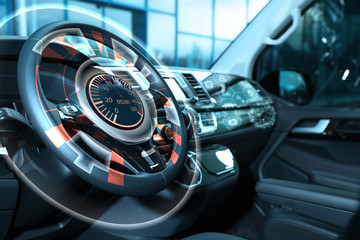 Futuristic technology. Car interior with graphical user interface