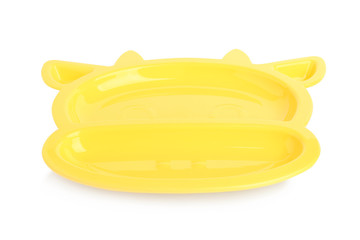 Cute animal shaped plate isolated on white. Serving baby food