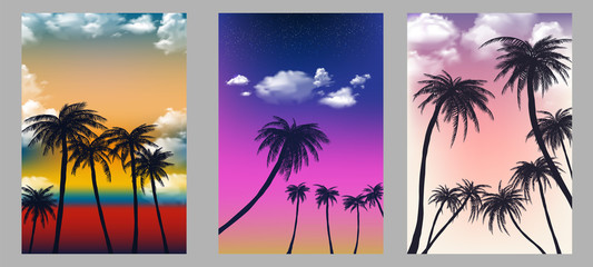 Summer tropical backgrounds set with palms, sky and sunset. Summer placard poster flyer invitation card. Summertime.EPS 10. Vector illustration
