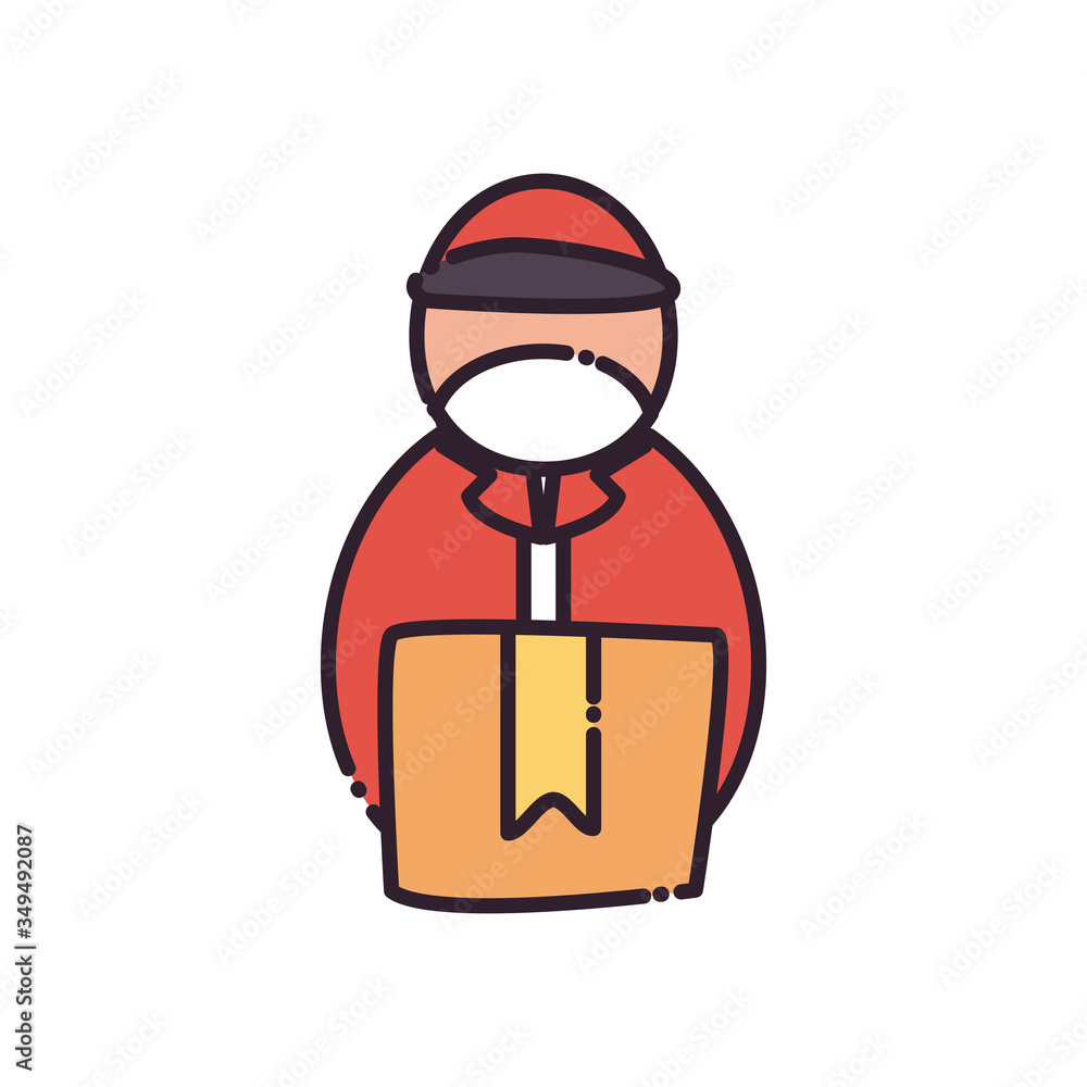 Poster man with mask and box flat style icon vector design