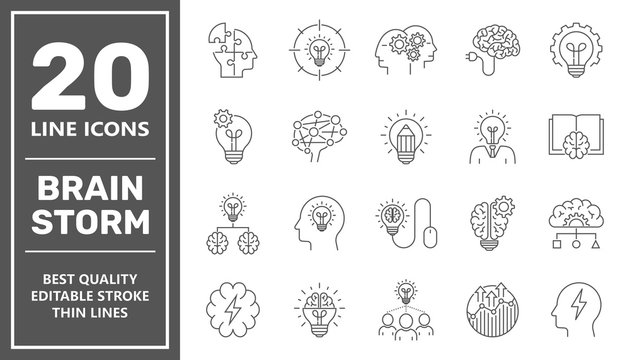 Brainstorming Line Icons Set. Brain, Creativity, Novel Idea. Editable Stroke.