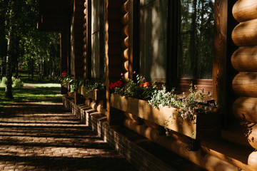 A variety of colorful flowers in boxes on the facade of a rustic wooden house in summer.