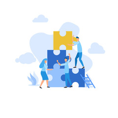 a group of mini people composing puzzle pieces mean interconnected people who work together to  find idea brainstorming flat illustration concept template background for presentation web banner