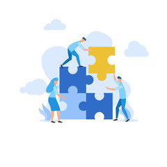 a group of mini people composing puzzle pieces mean interconnected people who work together to  find idea brainstorming flat illustration concept template background for presentation web banner