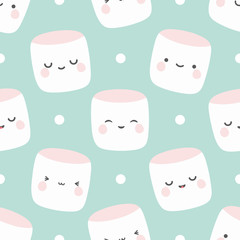 Marshmallow cute face character seamless pattern, vector illustration background