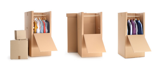 Set of cardboard wardrobe boxes on white background