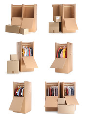 Set of cardboard wardrobe boxes on white background. Banner design
