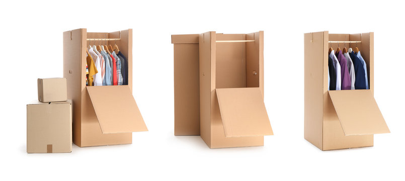 Set of cardboard wardrobe boxes on white background