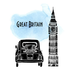 Red old car and Elizabeth Tower in London vector illustration, hand drawn retro automobile on watercolor background with silhouette of Big Ben and text