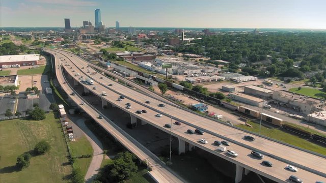 Oklahoma City, Oklahoma, USA. Aerial of rush hour traffic on the interstate freeway and downtown cityscape