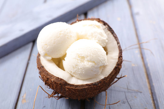 coconut ice cream on wood background