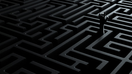 3d illustration concept of hand reaching out to the light in a black labyrinth