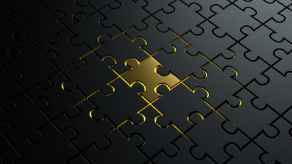 3d illustration of puzzle pieces background texture with a golden colored one in center