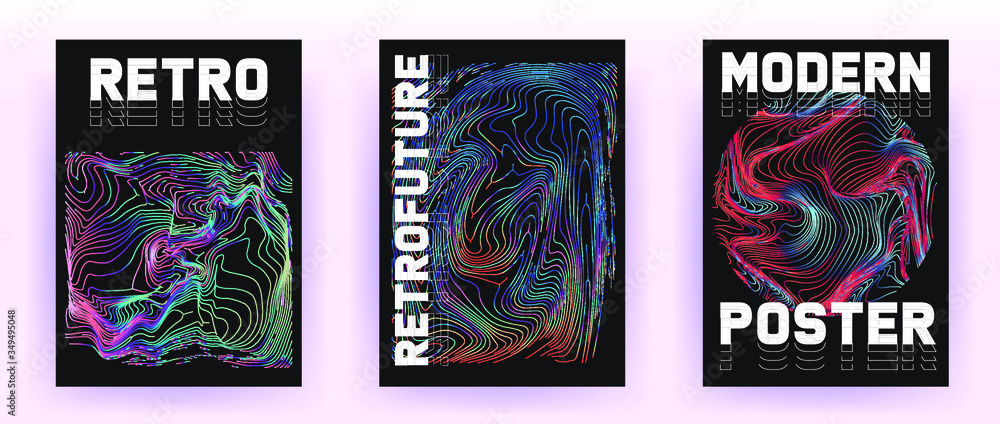 Poster set of retrofuturistic posters with holographic chromatic shapes in rainbow colors. synthwave and va