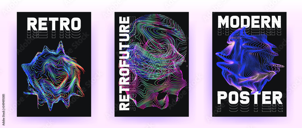 Poster set of retrofuturistic posters with holographic chromatic shapes in rainbow colors. synthwave and va